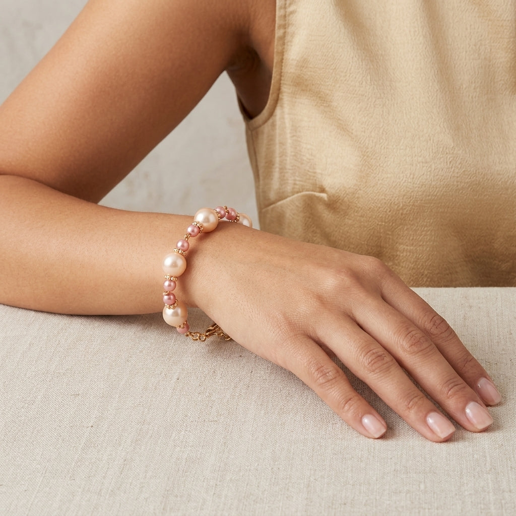 Hand wearing a pink pearl bracelet on a neutral background