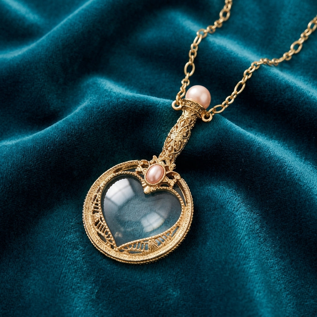 Gold heart-shaped magnifying glass necklace with a pink faux pearls on a teal fabric background