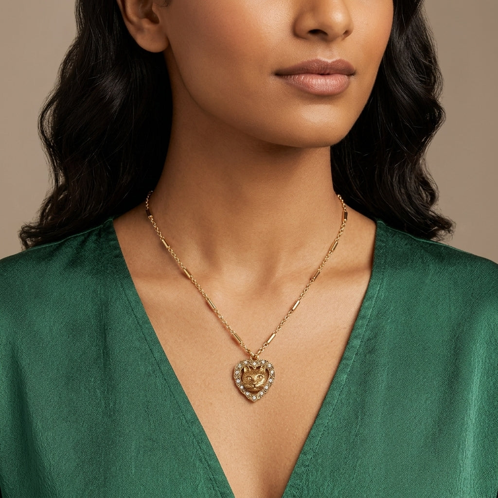 Woman in a green top wearing a gold necklace with a Heart And Cat Crystal Accent Pendant