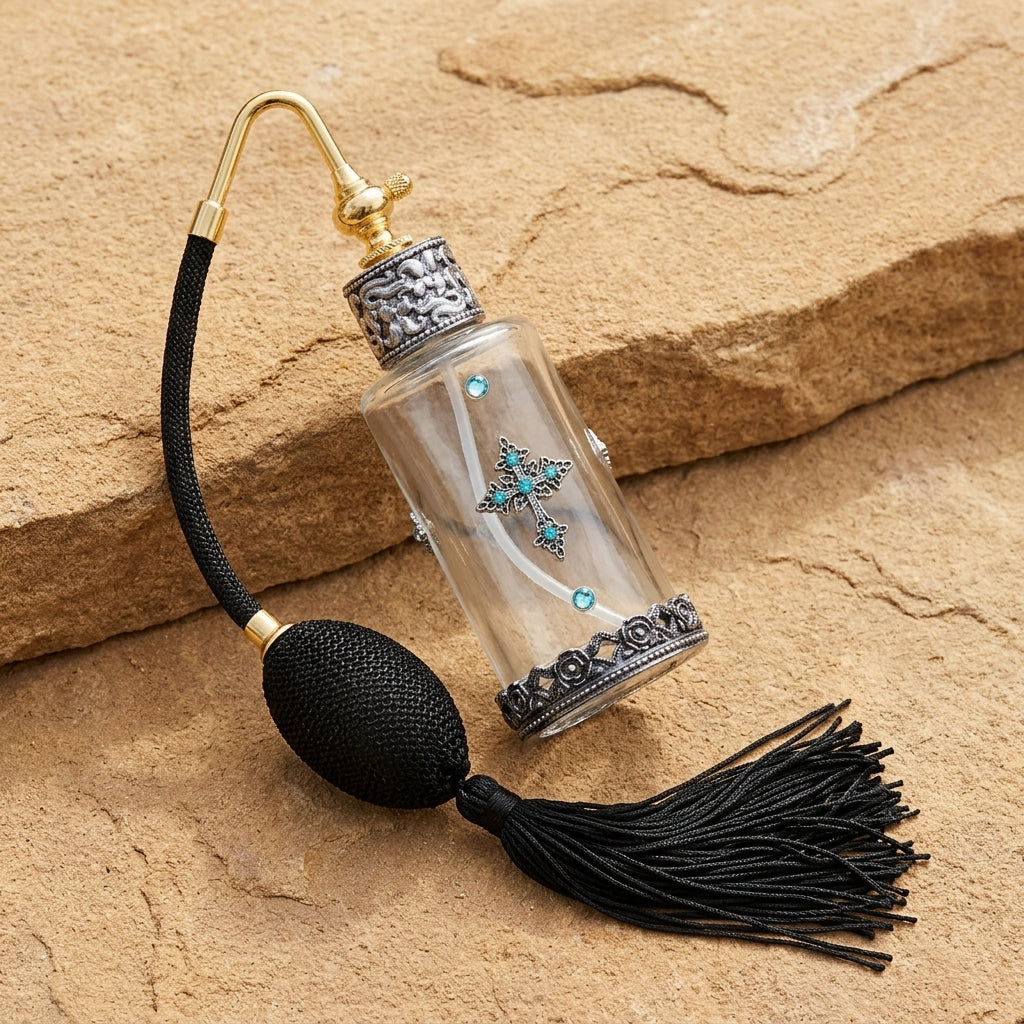 Antiqued Cross Light Blue Crystal Glass Atomiser Perfume Spray Bottle resting on brown sandstone surface