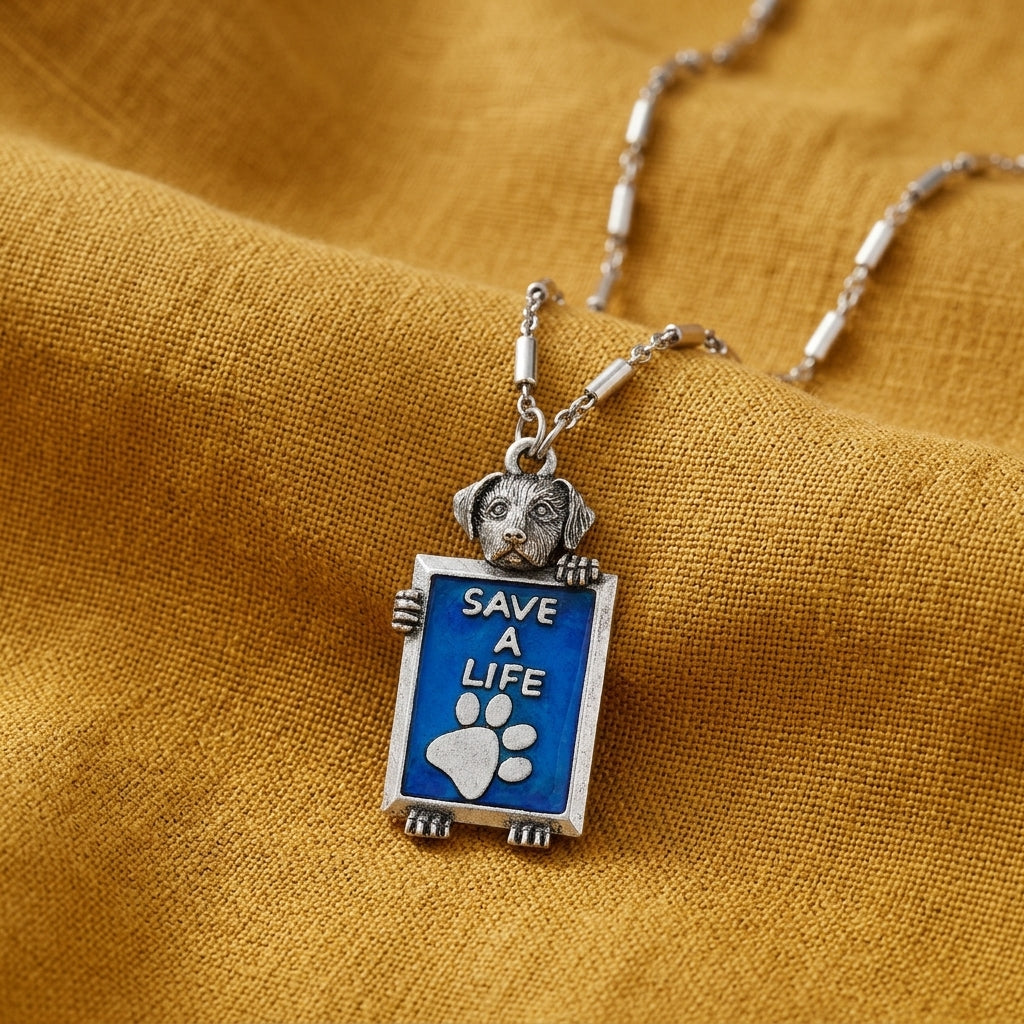 Pewter Dog Blue Enamel 'Save a Life' Pendant on a yellow fabric background.