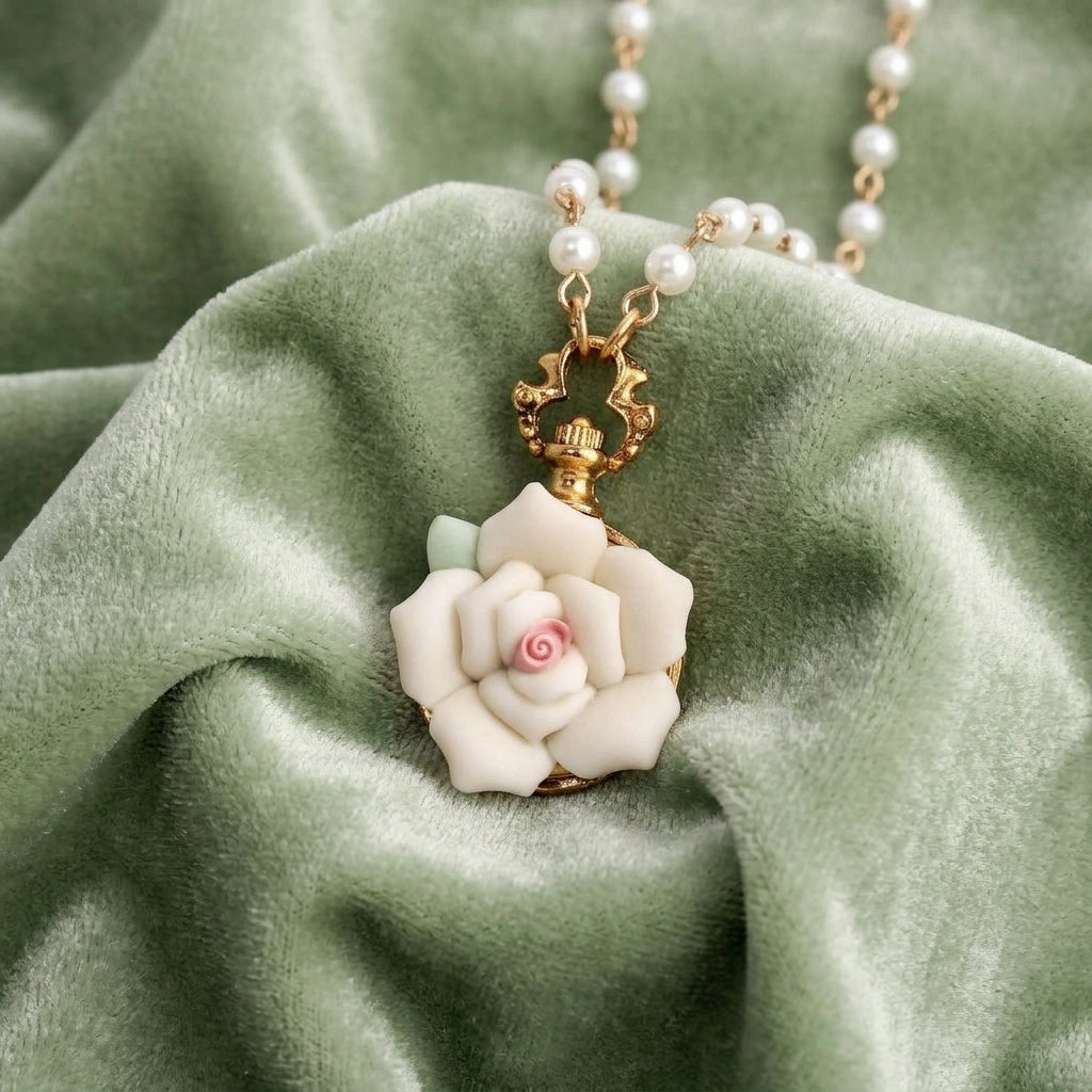 White Garden Porcelain Rose Faux Pearl Necklace resting on light green fabric
