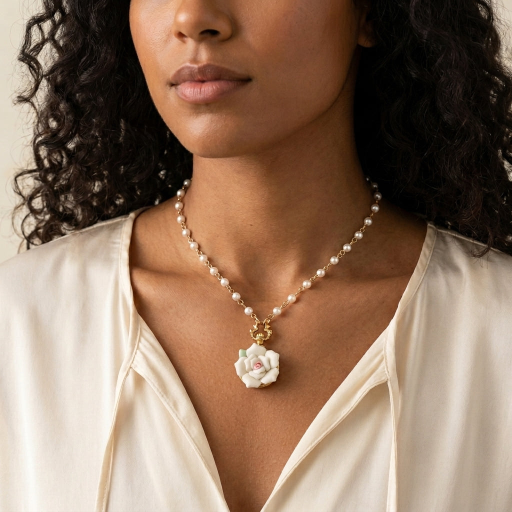 Woman wearing our White Garden Porcelain Rose Faux Pearl Necklace 