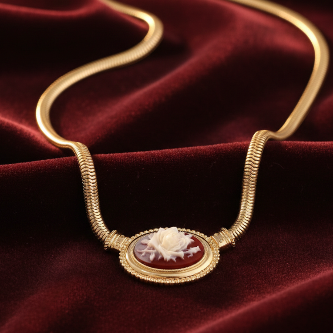 Gold necklace with a red cameo stone and white center on a red velvet background