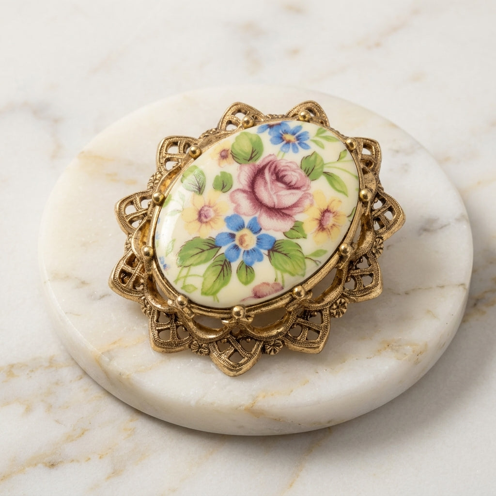 Vintage Floral Decal Filigree Brooch – 1928 Jewelry
