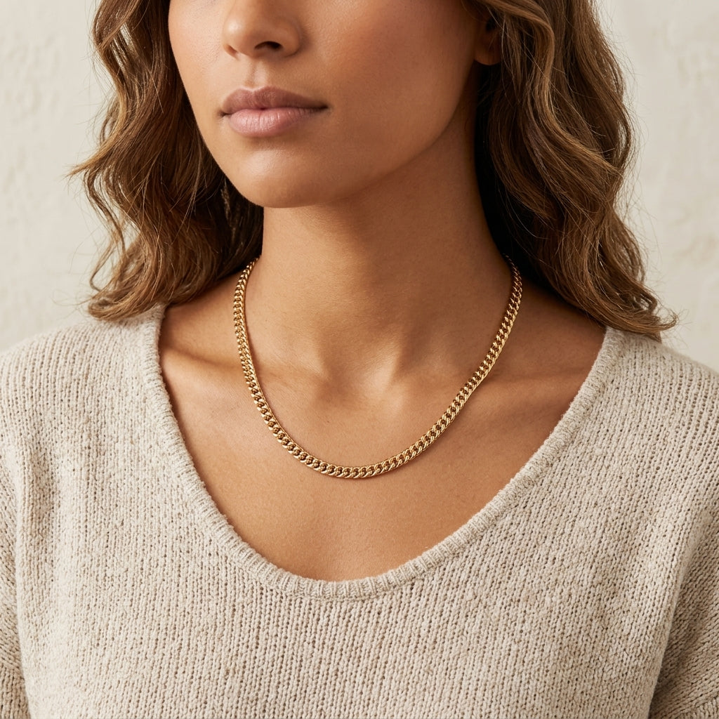 A close-up of a woman wearing a delicate gold chain necklace with a textured cream knit top, set against a neutral beige background.