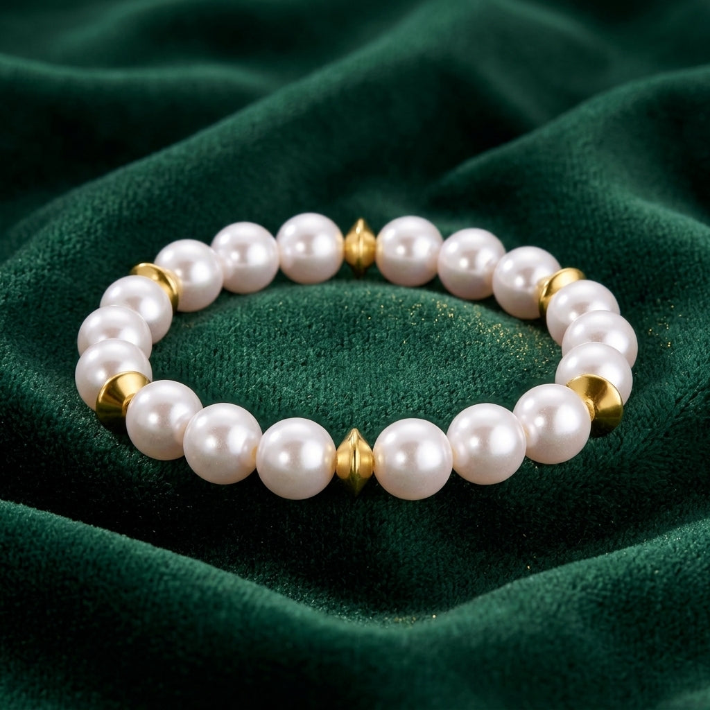 Aurelia Glass Faux Pearl Stretch Bracelet resting on dark green fabric