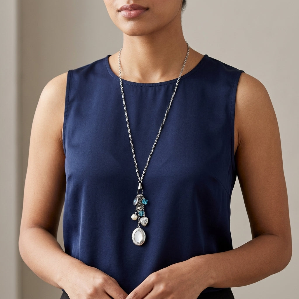 Woman in a navy sleeveless top wearing our Aquamarine Crystal Mother Of Pearl Charms And Locket Necklace