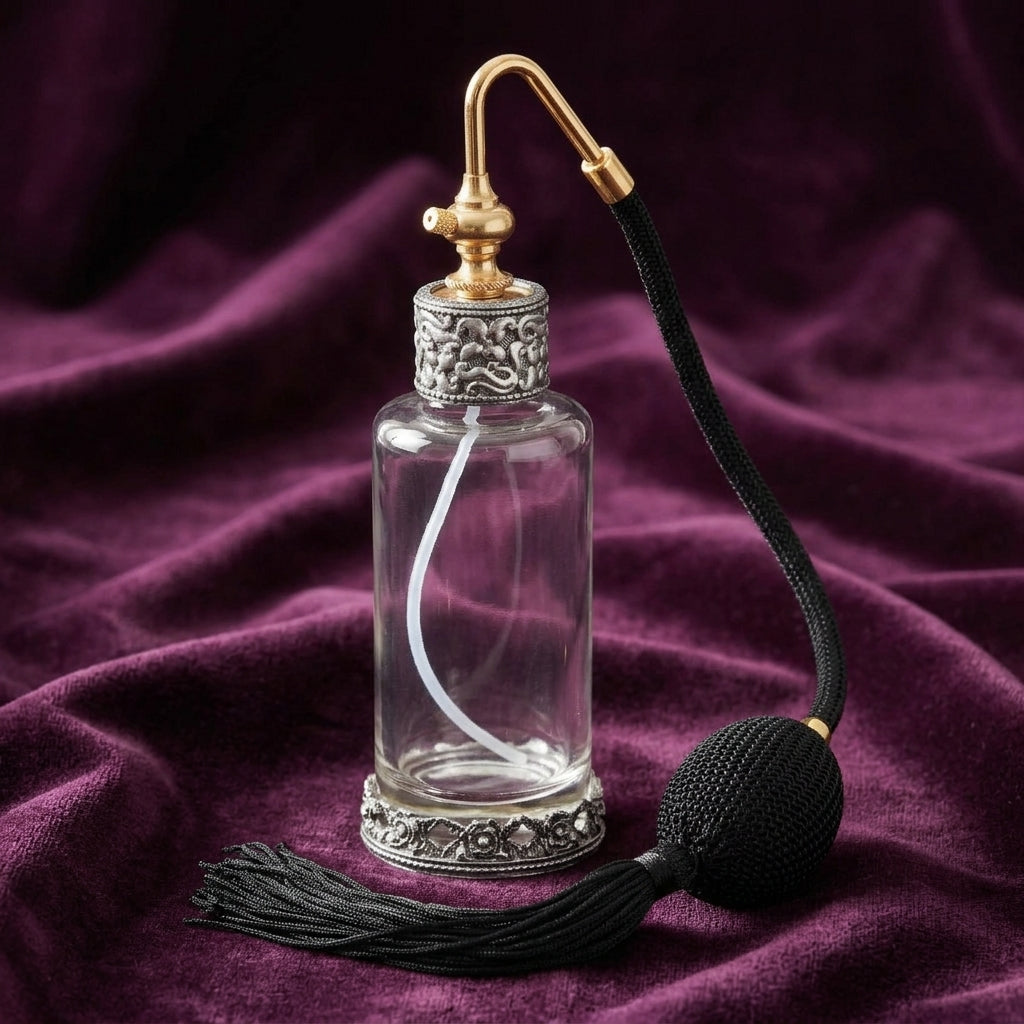 Classic Glass Atomiser Perfume Spray Bottle resting on purple fabric surface