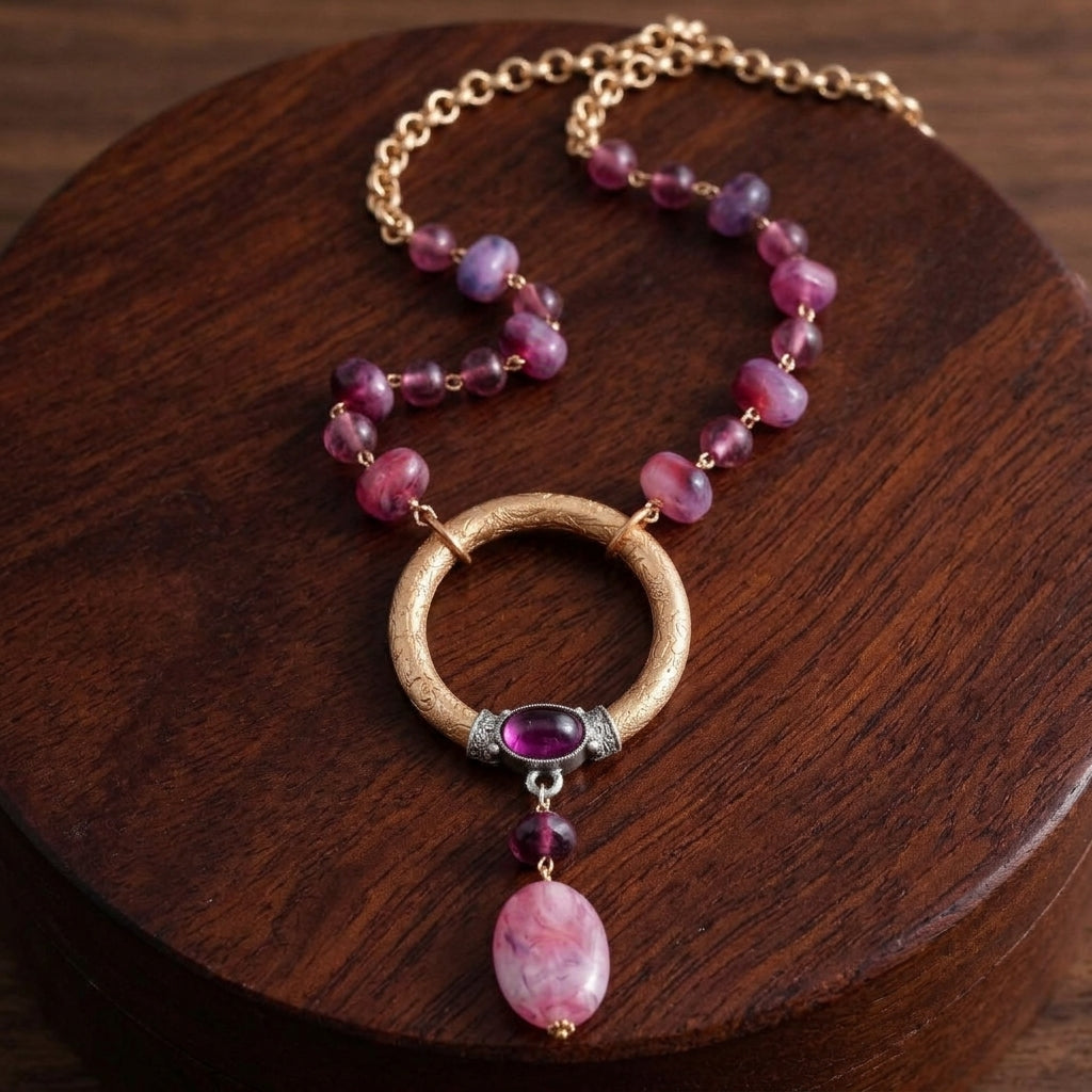 Irregular Milk Amethyst Beaded Hoop Drop Necklace resting on a dark wood surface