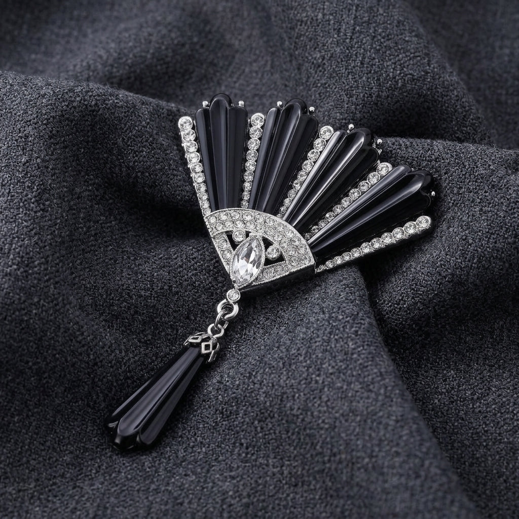 Deco Fantasy Crystal & Black Stone Statement Brooch Pin on a dark fabric background