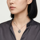Woman wearing our Heart And Cat Crystal Faux Pearl Pendant Necklace