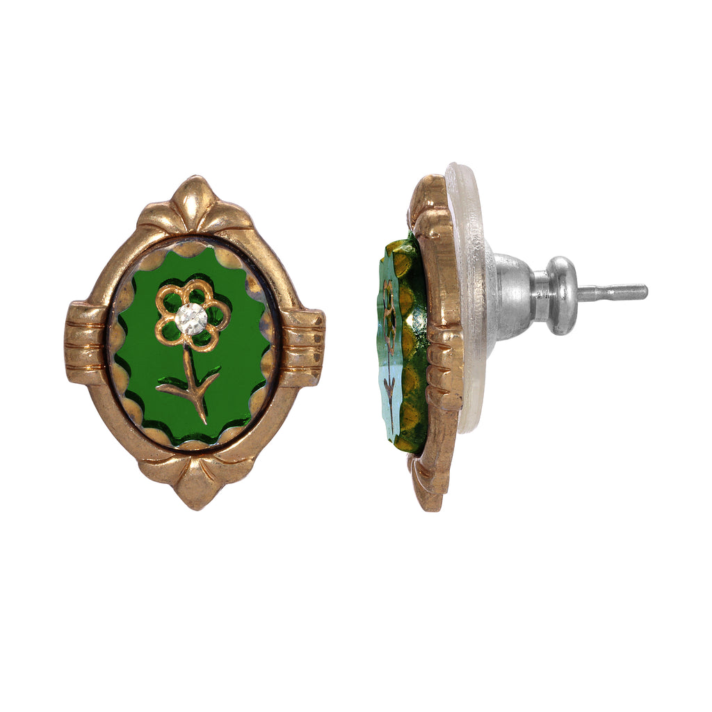 1928 Jewelry Intaglio Emerald Green Flower & Crystal Post Stud Earrings