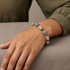 Close up of a woman's wrist wearing our Twisted Bead Filigree Puff Ball Fire Polished Green Bead Link Bracelet