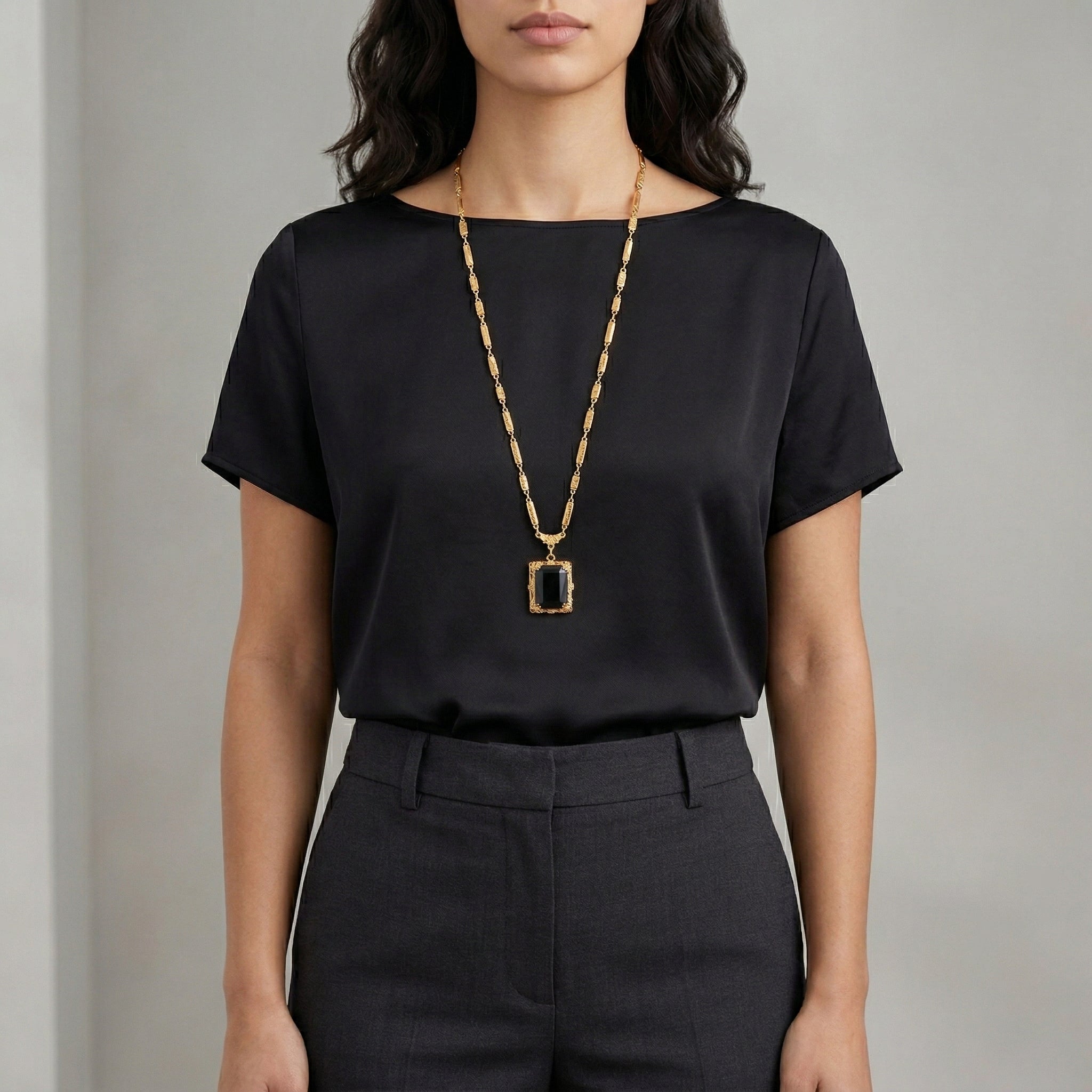 Woman wearing our Black Ol' Family Album Stone Locket Necklace 