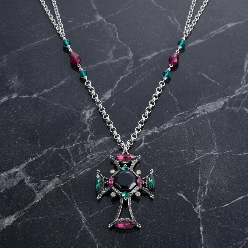 Monarch Emerald & Amethyst Crystal Black Octagon Stone Cross Pendant Necklace resting on black marble stone surface