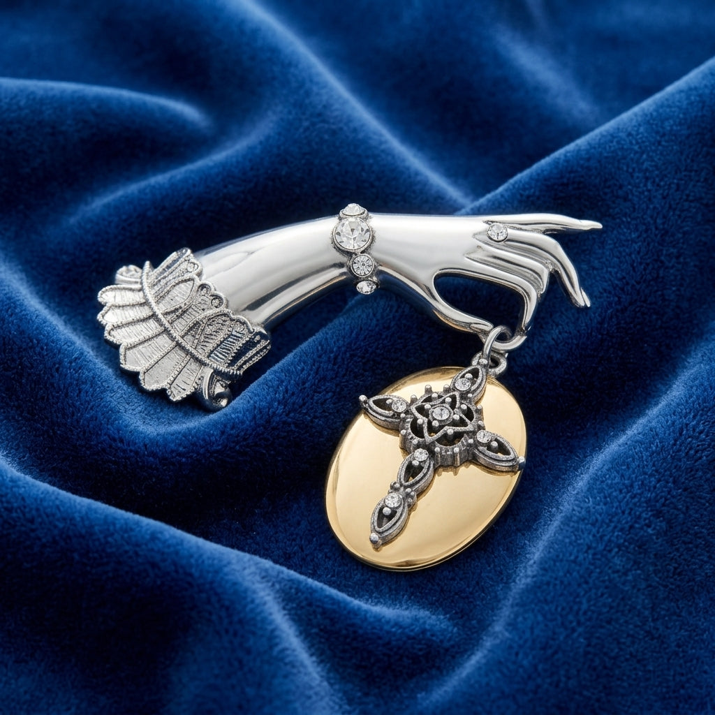 Belle Epoch Ladies Crystal Hand Oval Disk Cross & Crystal Pin resting on blue fabric