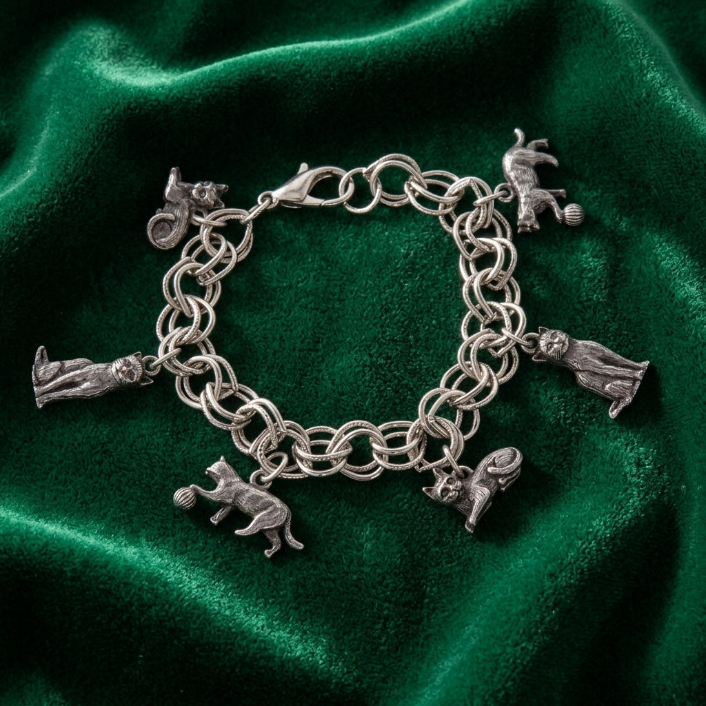 Pewter 6 Cat Charm Bracelet resting on dark green fabric