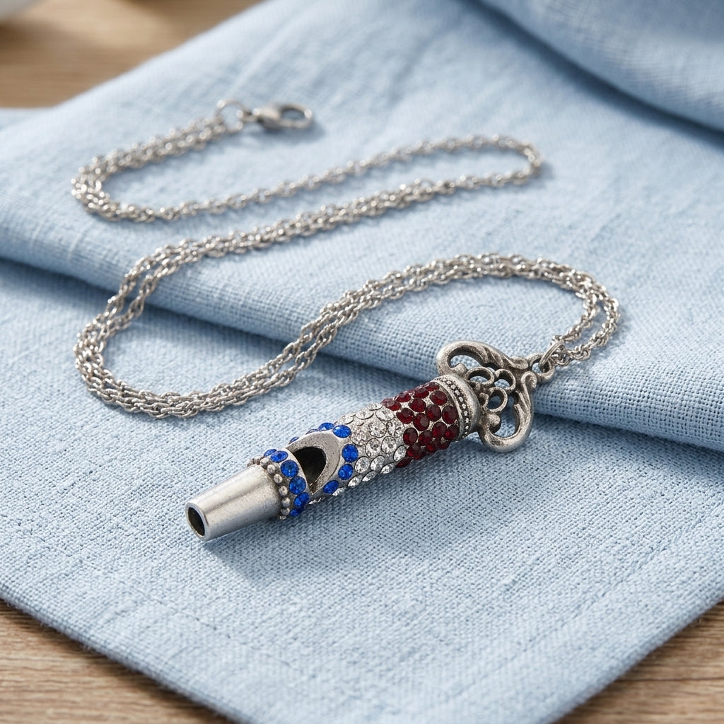 Silver necklace with a decorative whistle pendant on a light blue fabric background
