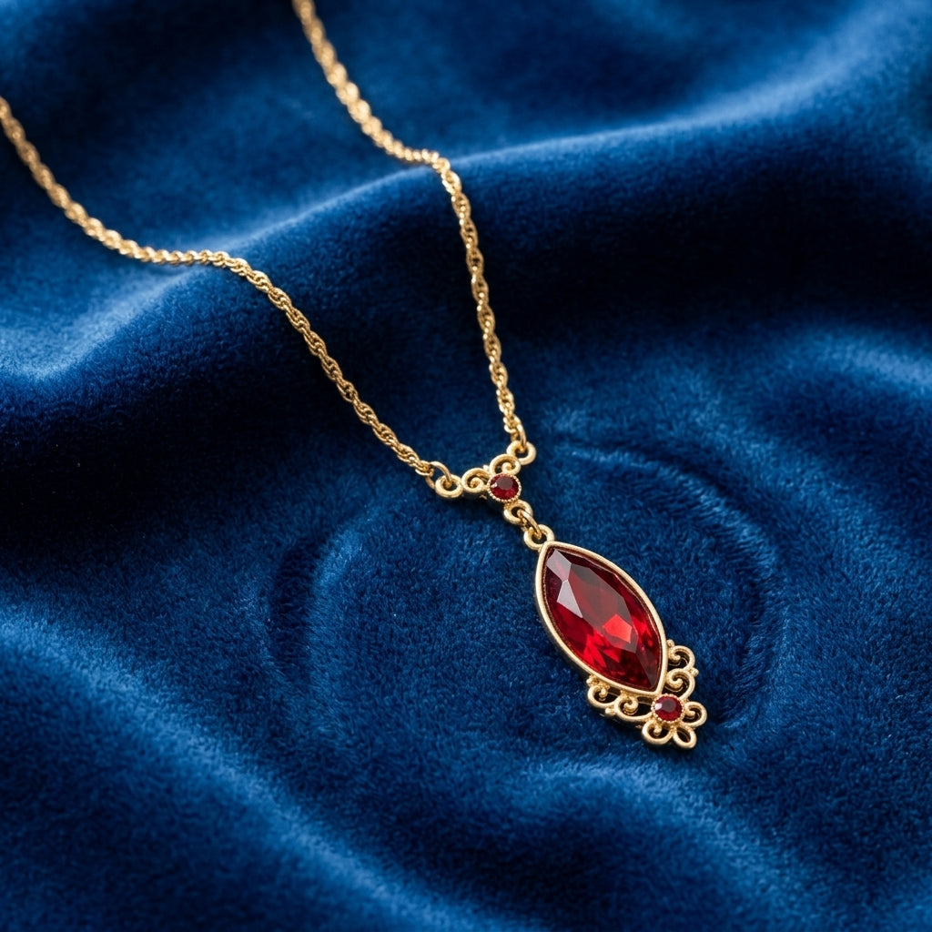 Alluring Siam Red Filigree Pendant Necklace resting on blue fabric