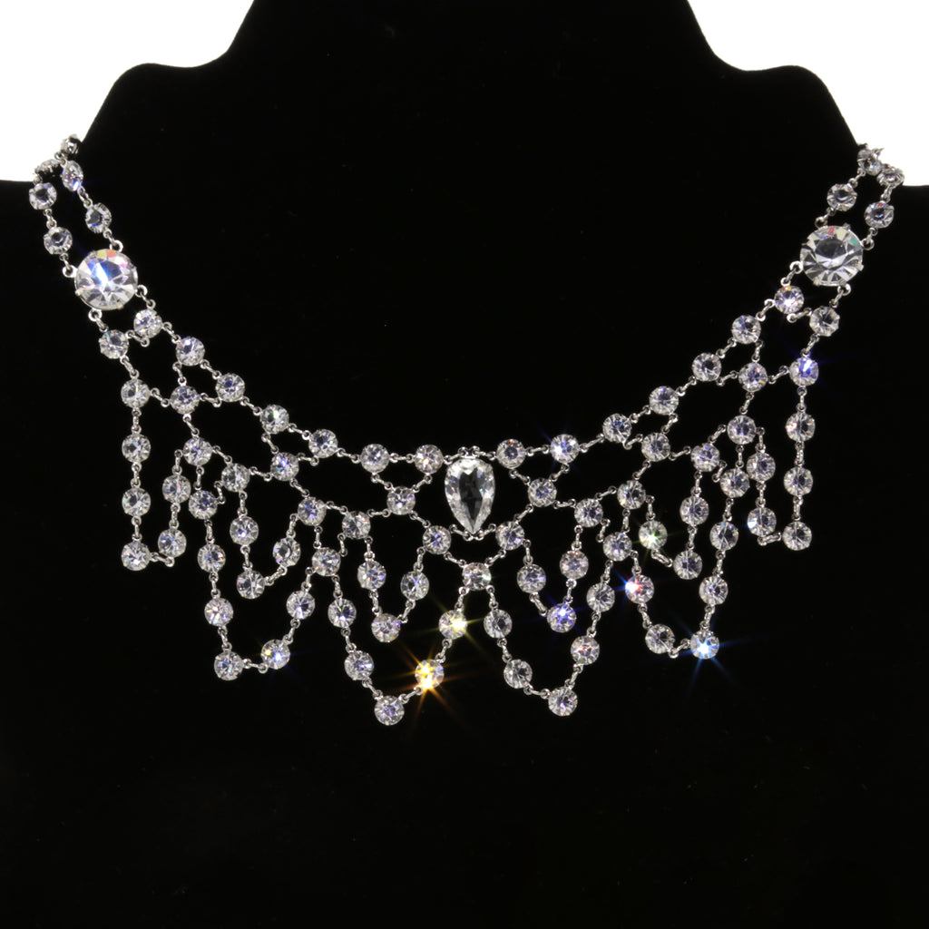 1928 Jewelry Deco Gala Austrian Crystal Bib Necklace 13" + 3" Extension