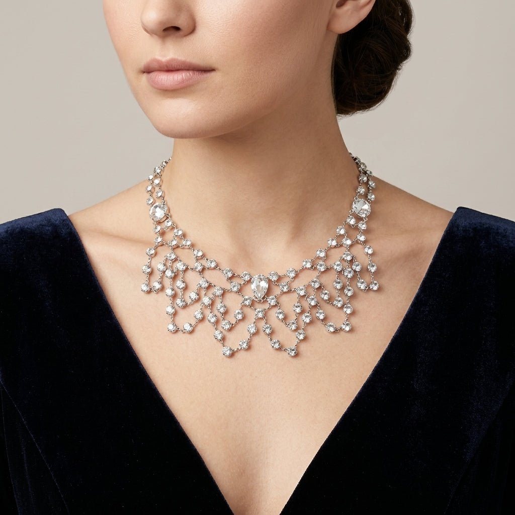 Woman wearing a sparkling Austrian crystal necklace against a neutral background