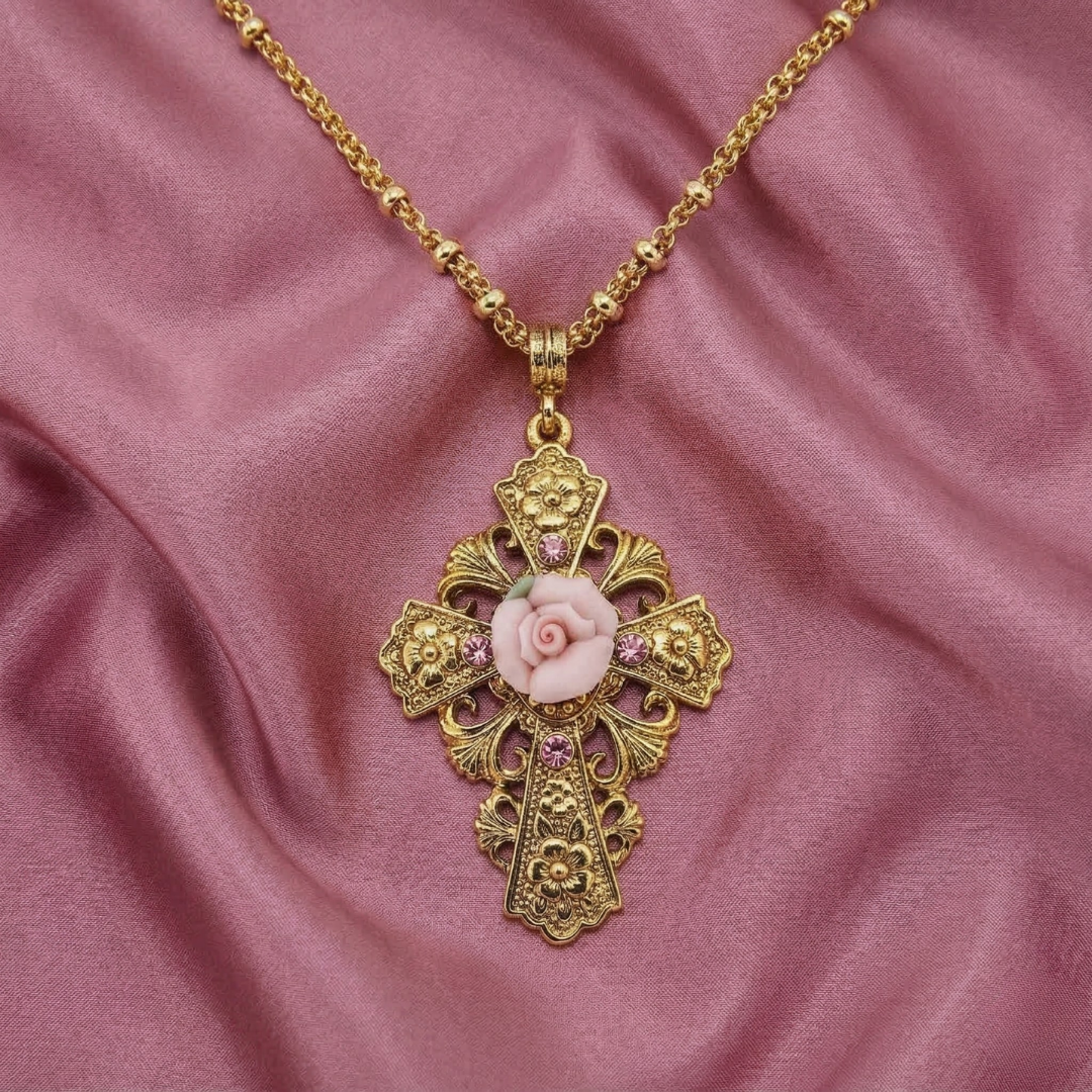 Gold cross pendant with a pink porcelain rose pendant that has pink crystal accents on a pink fabric background