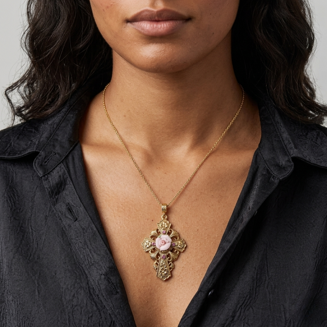 Woman wearing a black top with a gold cross necklace with a pink porcelain rose pendant that has pink crystal accents