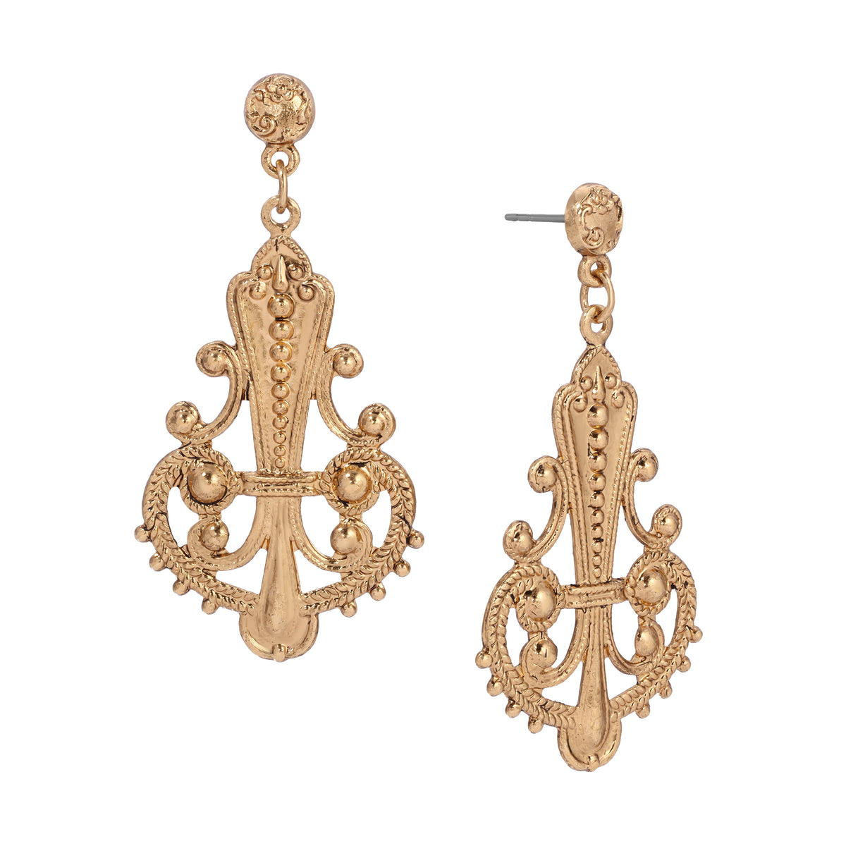 Gold Tone Royal Filigree Ornamental Post Dangle Earrings