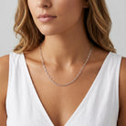 A close-up of a woman wearing a delicate silver chain necklace with small oval links, styled with a white sleeveless top against a light gray background.