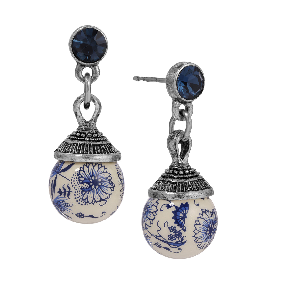 Blue Willow Round Beaded Post Drop Earrings