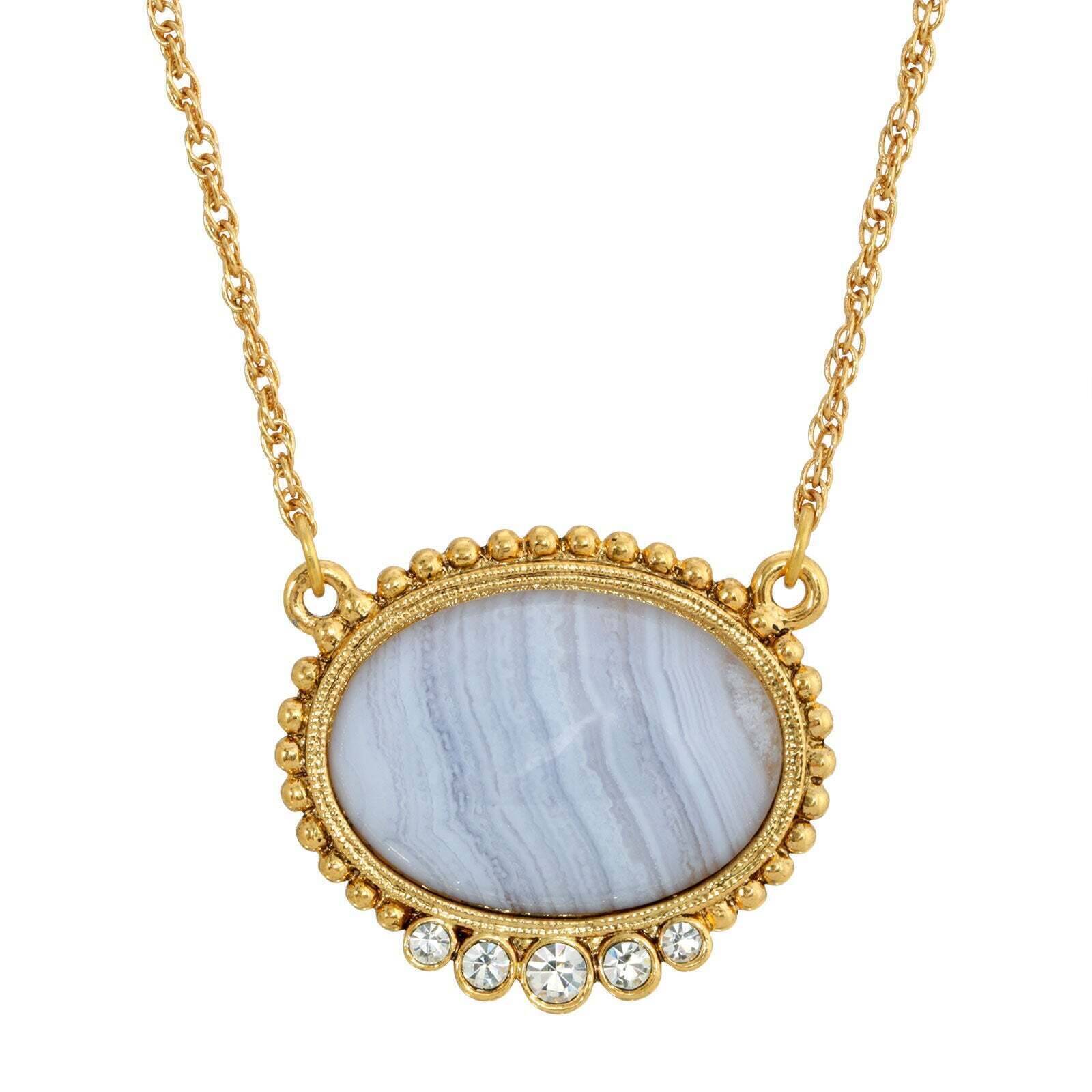 1928 Jewelry Oval Gemstone With Crystals Pendant Necklace 16"