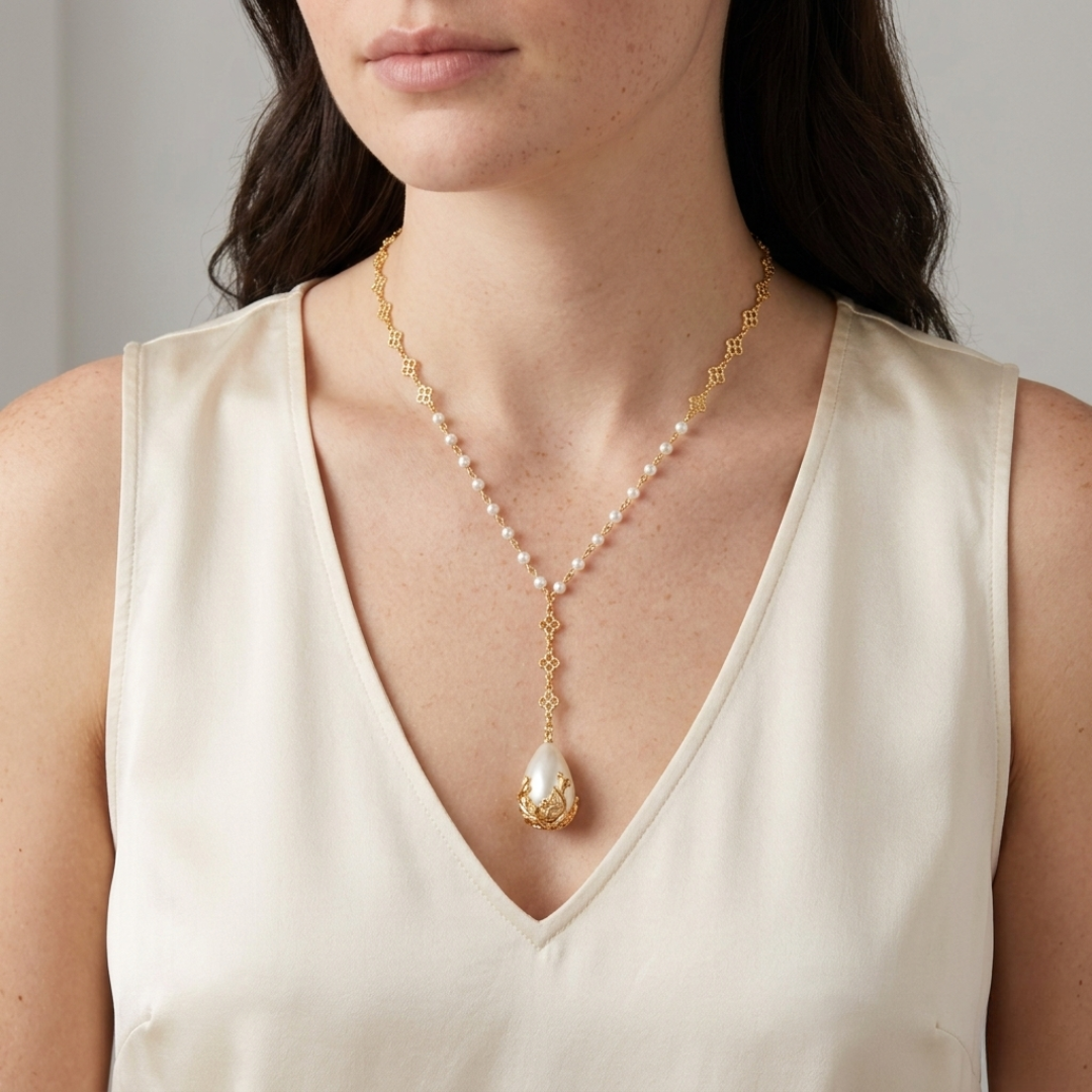 Woman wearing a faux pearl necklace with a gold pendant on a neutral background