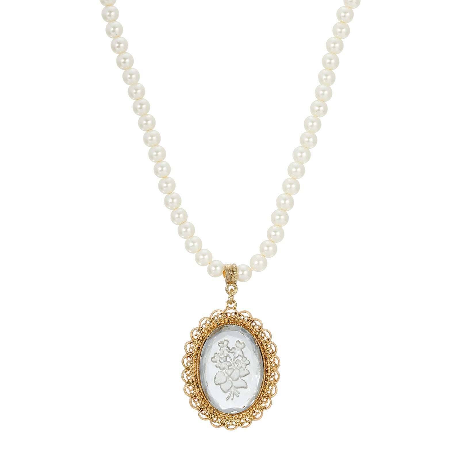 1928 Jewelry Glass Engraved Flowers 5mm Faux Pearl Strand Pendant Necklace, 15" + 3" Extender