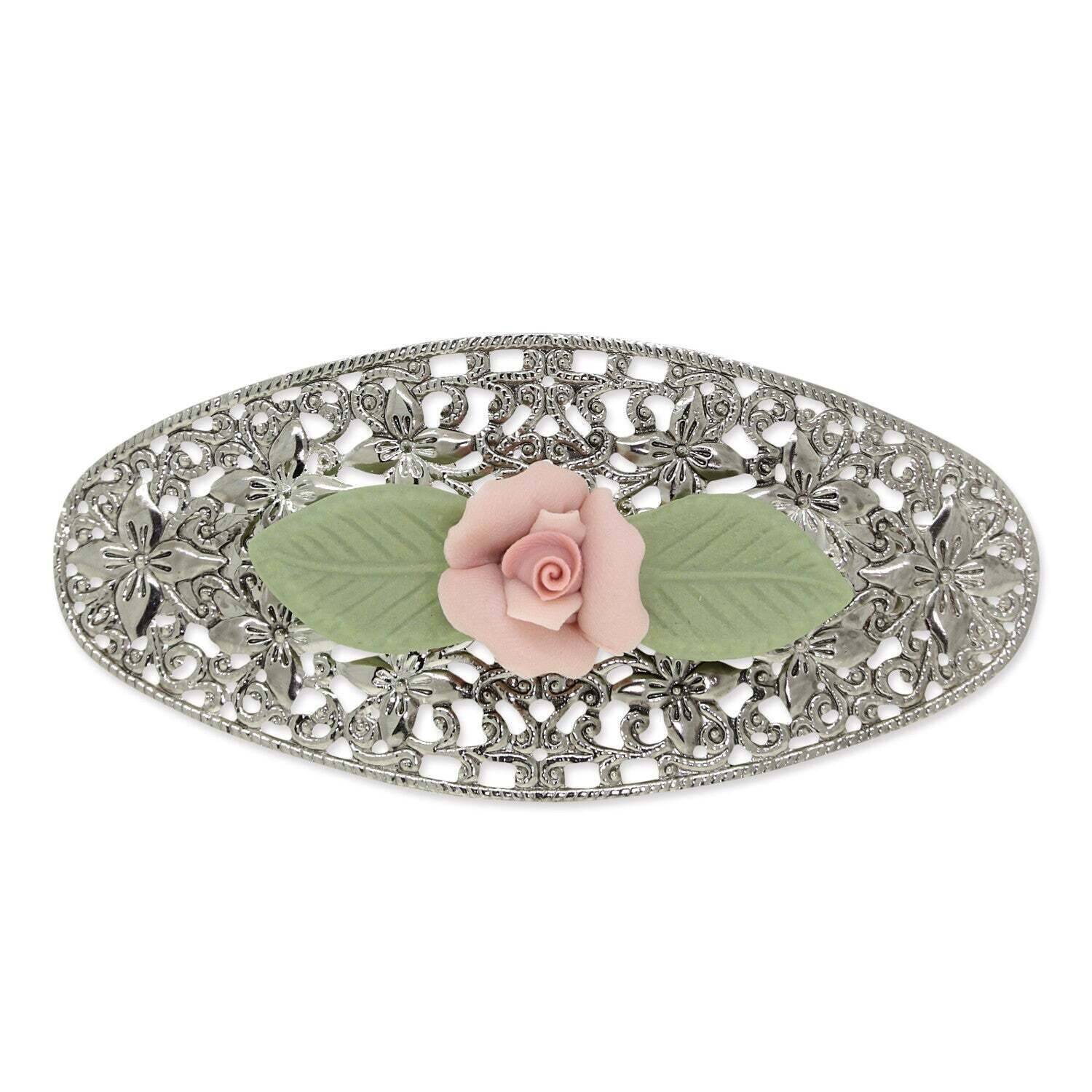 1928 Jewelry Pink Porcelain Flower With Green Leaf Hair Barrette