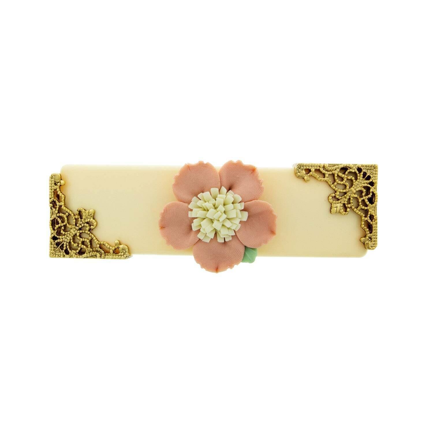 1928 Jewelry Ivory With Pink & White Porcelain Flower Hair Barrette