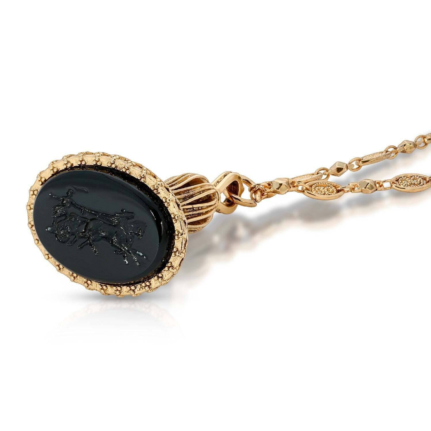 1928 Jewelry Victory Chariot Black Oval Glass Pendant Necklace 30"