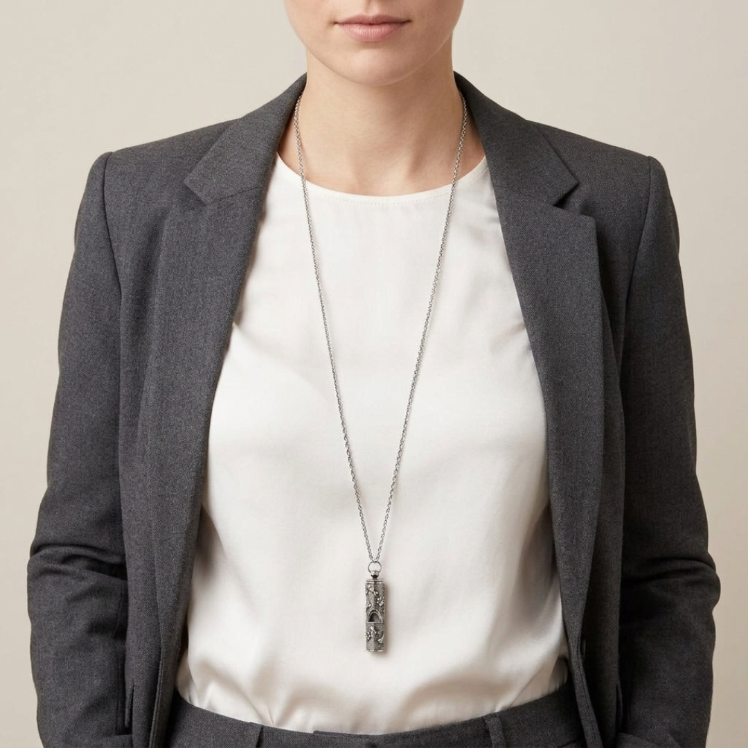 Person wearing a gray blazer and white shirt with a long dog-themed whistle necklace.
