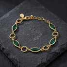 Emerald Green Navette Austrian Crystal Channel Link Bracelet resting on a dark stone surface