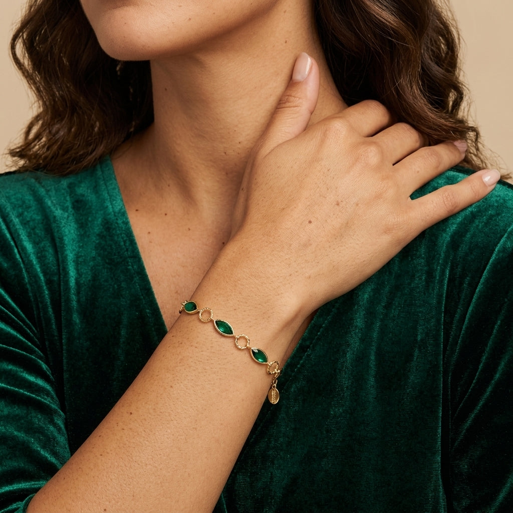 1928 Gold-Tone Green Crystal Link Bracelet, Women's