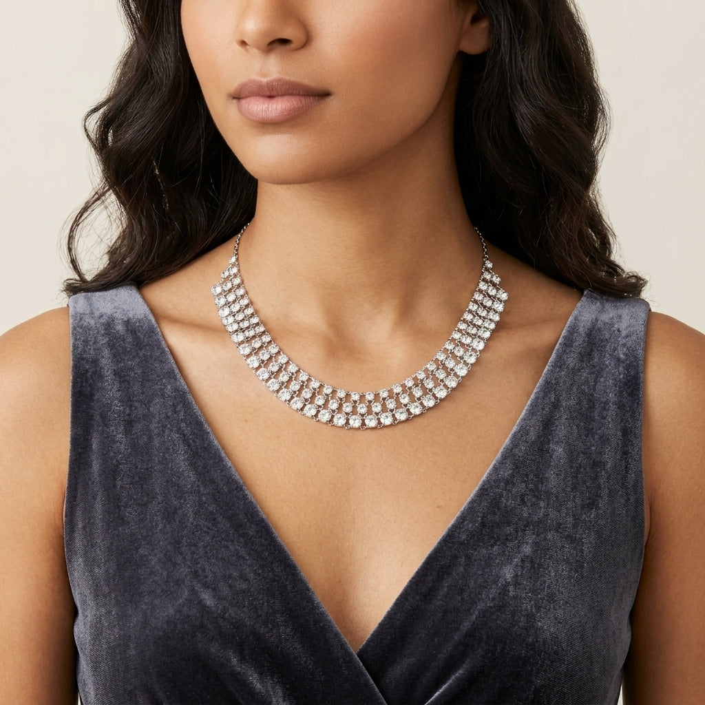 Woman wearing a sparkling 3-row vintage Austrian crystal necklace with a silver velvet dress against a neutral background