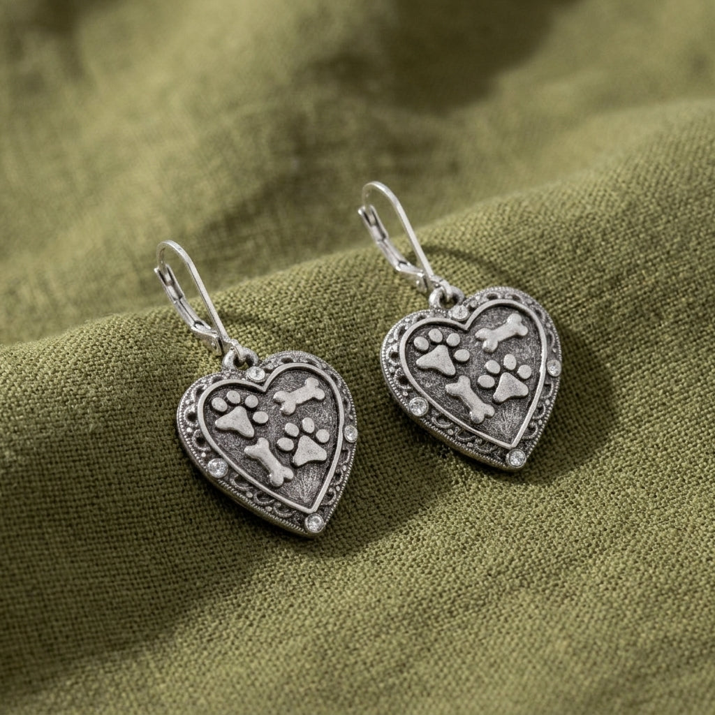 Heart Paws And Bones Drop Earrings resting on dark green linen