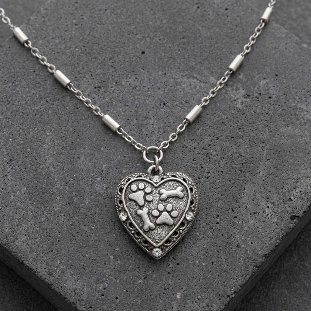 Silver tone Heart Paws And Bones Pendant Necklace resting on a dark stone surface