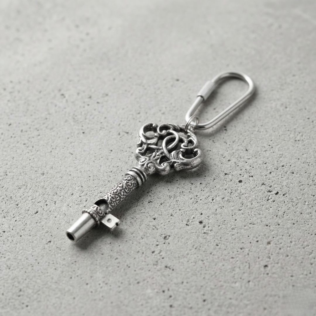 Decorative key-shaped whistle on a gray cement surface