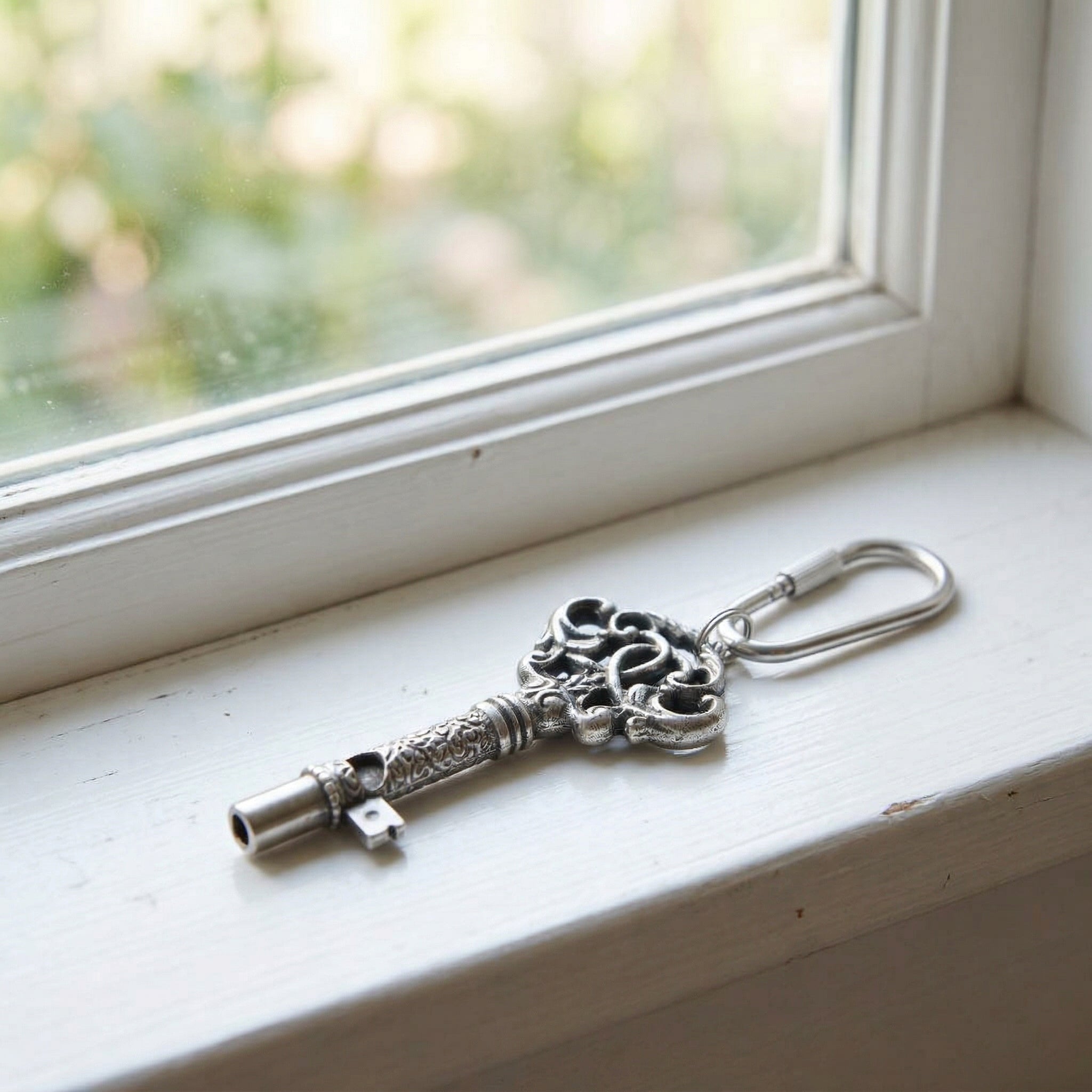 Whistle key-shaped keychain resting on a window sill on a sunny day. 