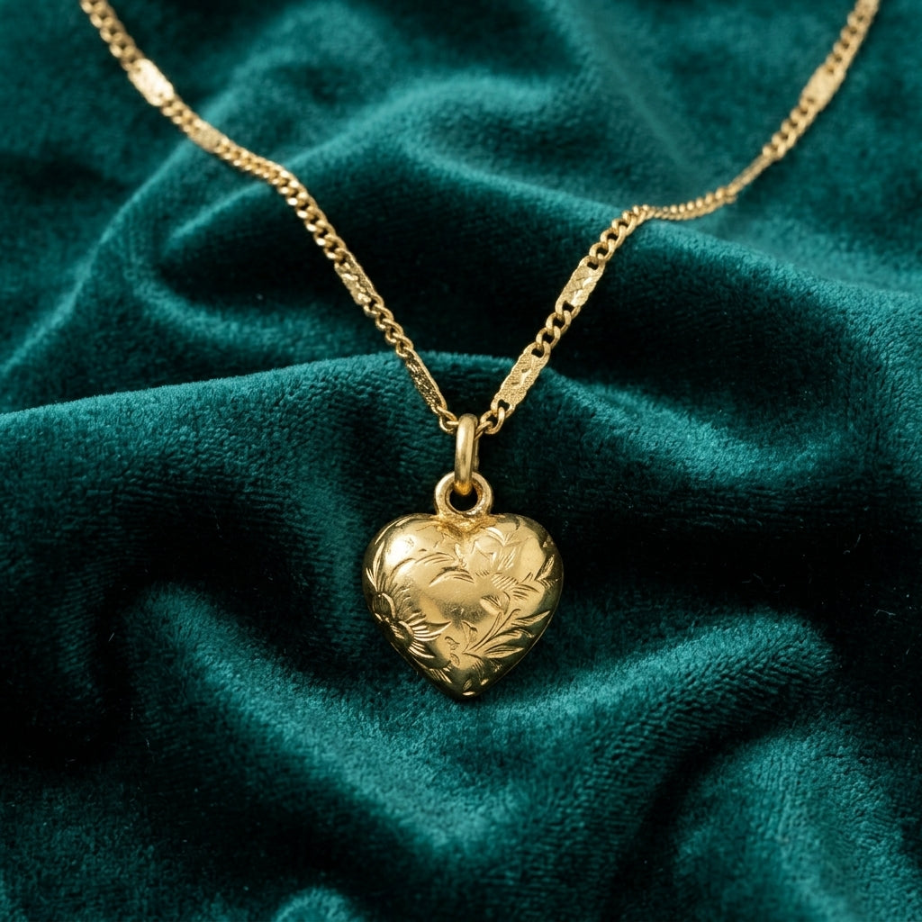 Petite puffed and etched gold tone heart pendant necklace resting on teal fabric