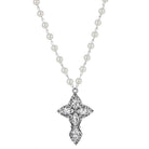 1928 Jewelry Pewter Navette Crystal And 8mm Faux Pearl Cross Pendant Necklace 16" + 3" Extender