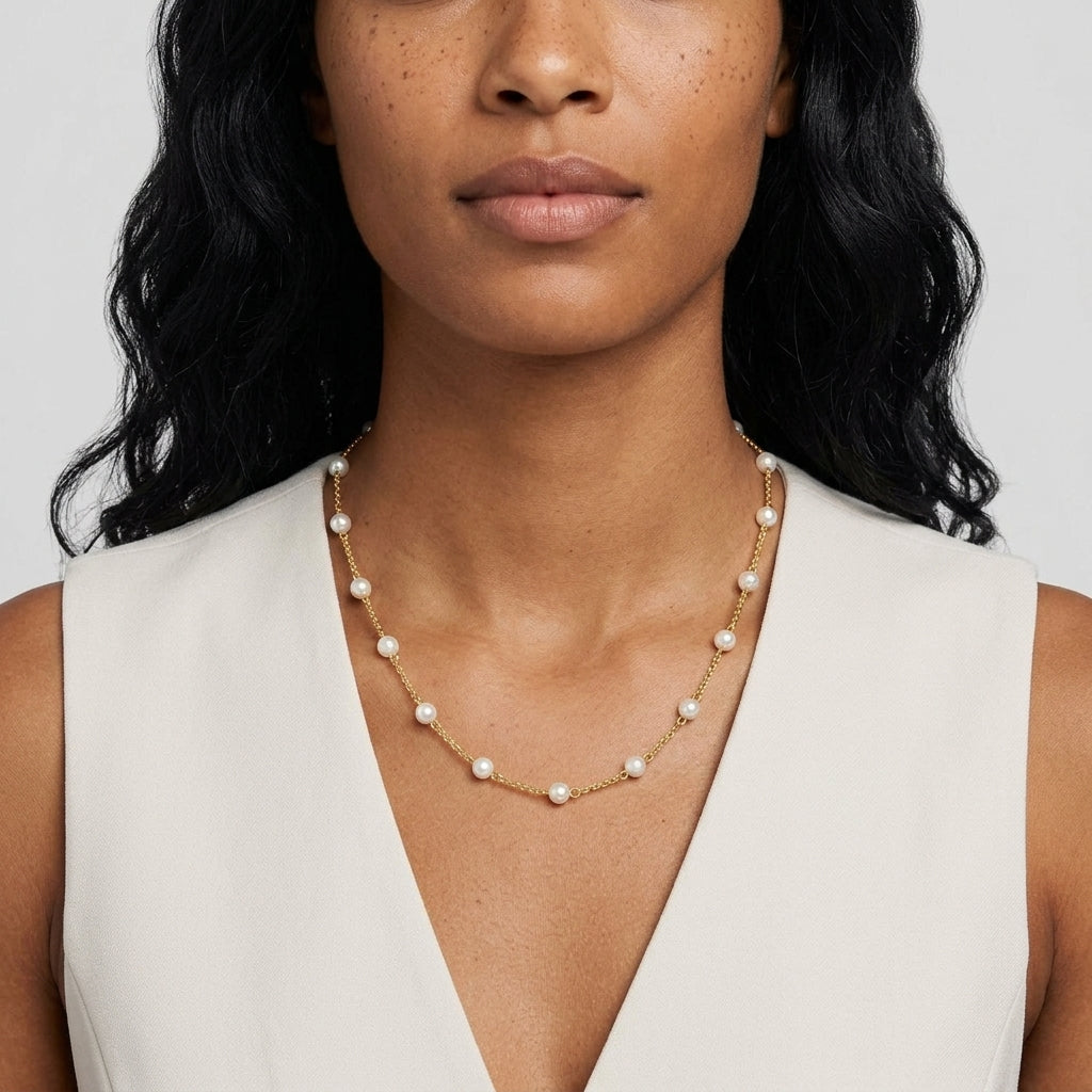 Woman wearing a faux pearl necklace against a plain background