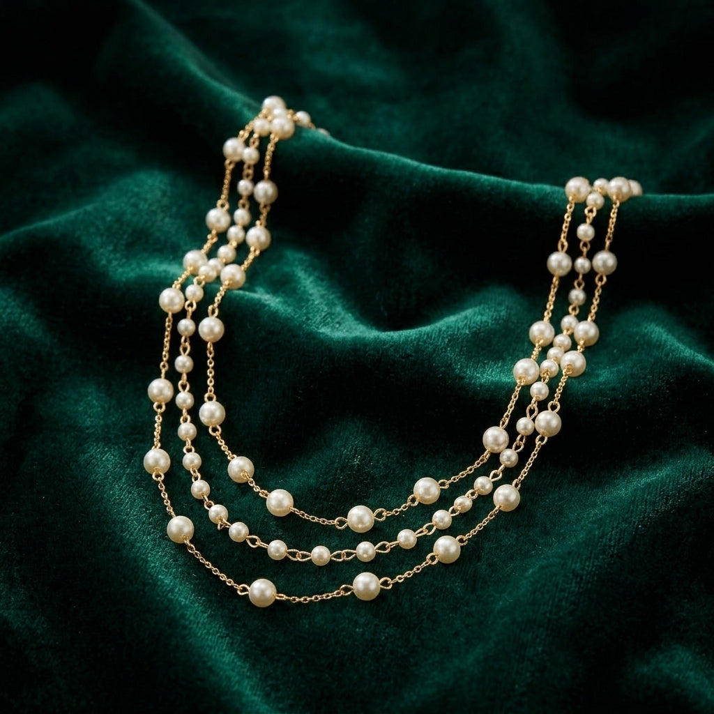 Three Strand 4mm Faux Pearl Chain Necklace resting on dark green fabric surface
