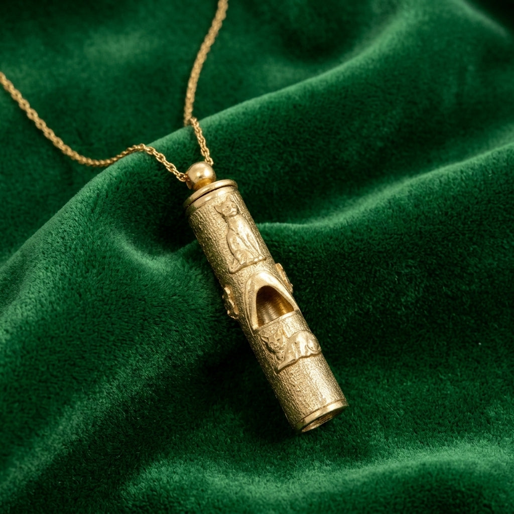 Gold tone Cat Pendant Necklace Whistle resting on green fabric